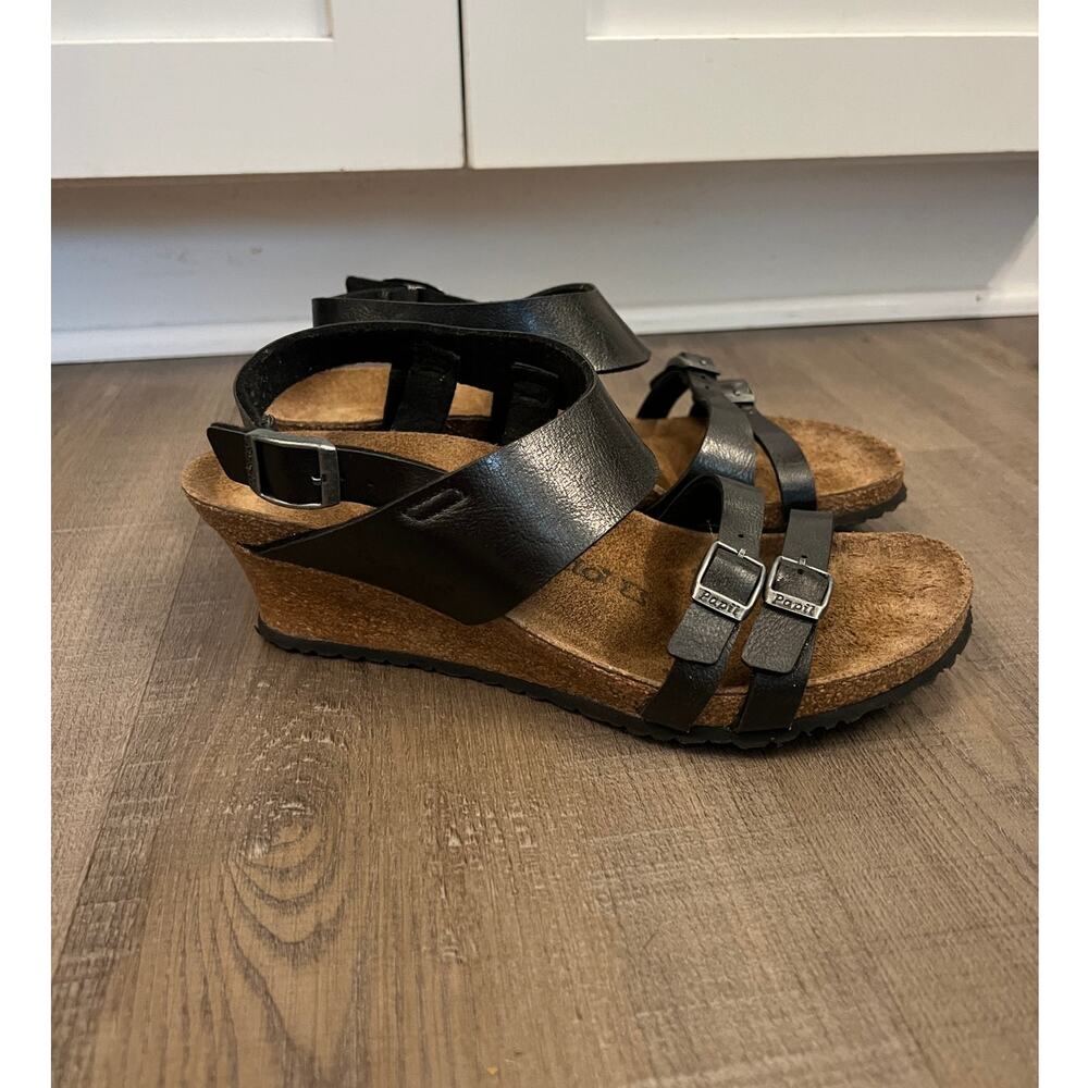 Birkenstock Papillio Ellen Cork Wedge Sandals Black Leather Straps